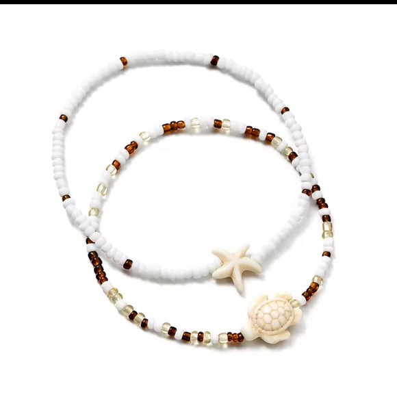 Jewelry - White and Brown Beach Charm Beaded Anklet Set